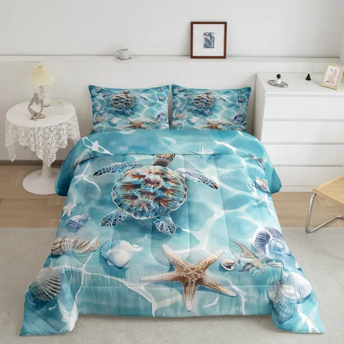 Miniatura 16 de Erosebridal Juego de edredón de ballena náutica, tamaño individual, juego de ropa de cama vintage azul con ondas oceánicas para niños y niñas