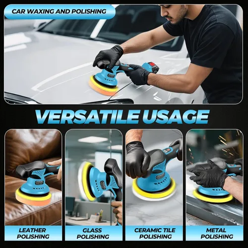 Miniatura 7 de Pulidora de búfer para automóvil con 2 baterías de 2000 mAh 21 V, 8 velocidades variables, máquina pulidora de automóvil inalámbrica con kit de Azul