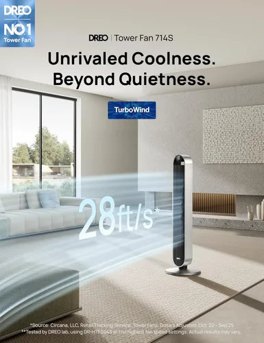 Miniatura 2 de Dreo - Ventilador de torre para dormitorio, ventilador oscilante de 42 pulgadas 120°, motor DC silencioso de 25dB, ventilador de pie sin aspas de 28