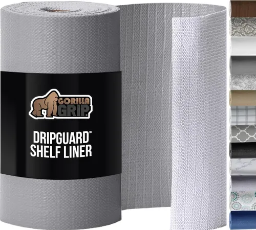 GORILLA GRIP DripGuard - Forro para estantes, no adhesivo, protector de cajones y gabinetes de cocina, agarre fuerte, antideslizante, parte Gris
