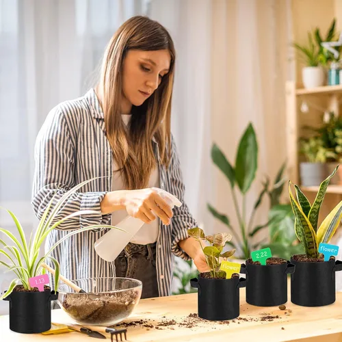 Miniatura 5 de Nuanchu 50 paquetes de bolsas de cultivo, macetas pequeñas de tela de aireación, bolsas de jardín no tejidas, macetas de cultivo con 50 etiquetas