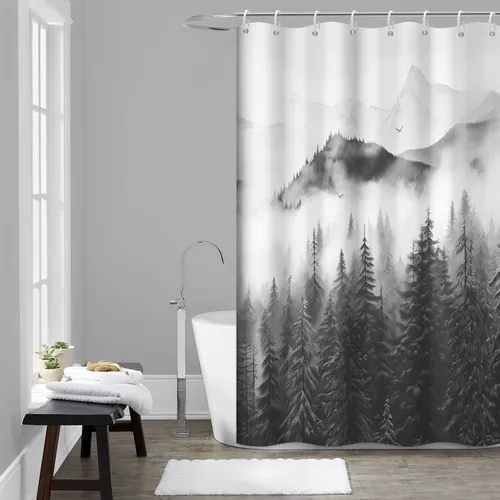 Miniatura 29 de Cortina de ducha pequeña en blanco y negro, juego de cortina de ducha de bosque brumoso para baño, impermeable, decoración de baño de montaña