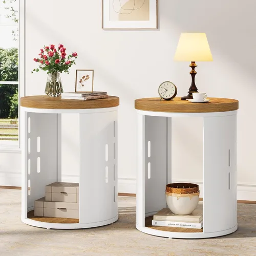 Miniatura 7 de Mesa auxiliar redonda rústica, mesa auxiliar de 2 niveles con estante de almacenamiento, mesita de noche pequeña para sala de estar y espacios