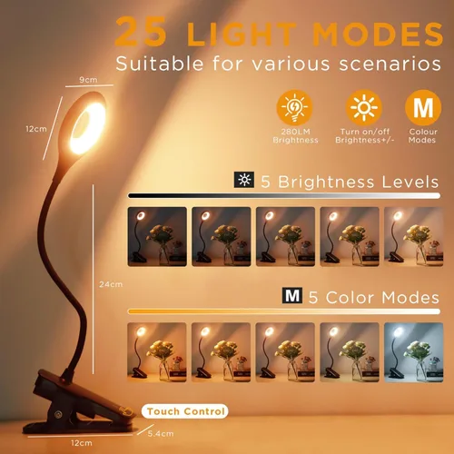 Miniatura 2 de Akynite Lámpara de escritorio LED con clip, 5 modos, 5 brillos regulables, luz de abrazadera regulable, batería recargable, lámpara de lectura Negro