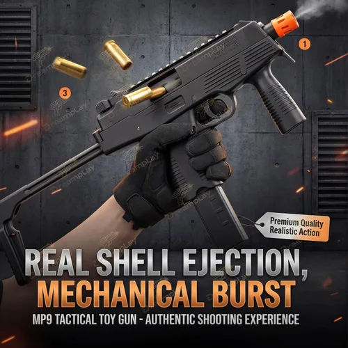 Miniatura 5 de Dreamplay Pistola de juguete MP9, pistola de juguete de expulsión automática realista con placa de anillo, juegos de disparos de acción