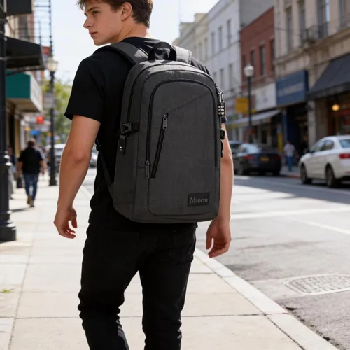 Miniatura 5 de Mancro Mochila para laptop de viaje de negocios, bolsa delgada antirrobo para laptop con puerto de carga USB para hombres y mujeres, bolsa