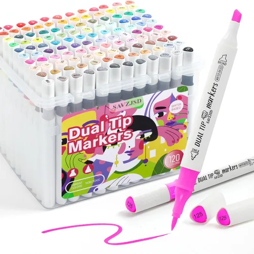 SAVZJSD [Tinta a base de agua] Juego de marcadores de doble punta de 120 colores, pincel y cincel marcadores artísticos de doble punta para