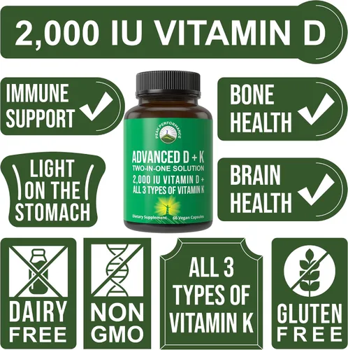 Miniatura 3 de Peak Performance Vitamina D avanzada de 2000 UI con los 3 tipos de vitamina K, vitamina D3 y vitamina K2, K1, MK-7 (MK7), suplementos MK4 - 60