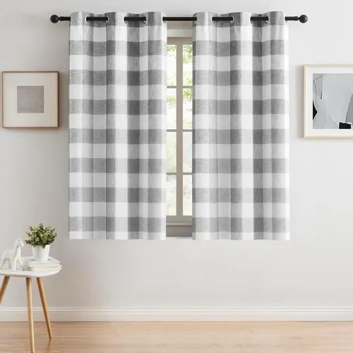 Miniatura 21 de Cortinas cortas de lino texturizado con diseño de búfalo blanco y negro a cuadros, 100% opacas con forro, paneles de estilo granja