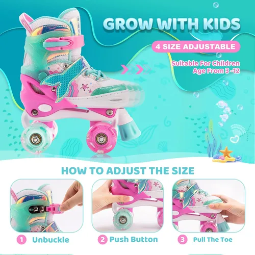 Miniatura 2 de NEMONE - Patines de sirena con ruedas iluminadas y 4 tamaños ajustables para niñas, azul y morado, para niños pequeños, para principiantes, de C