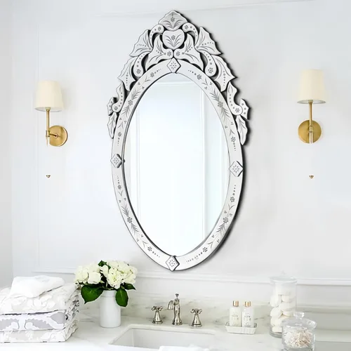 Miniatura 6 de KOHROS Espejo Ovalado para Baño de 42" x 24" Espejo Veneciano con Corona Superior Floral Grabada Sin Marco Espejo Decorativo de Pared para Tocador