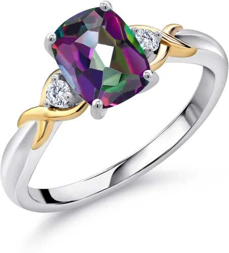 Miniatura 14 de Gem Stone King Anillo de compromiso de 3 piedras preciosas de plata 925 y oro amarillo de 10 quilates de 0.315 x 0.236 in de talla cojín y diamante