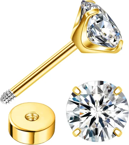 Miniatura 15 de Enticera G23 Aretes de Titanio 5A+Circonita Cúbica Aretes de Botón con Parte Trasera Plana Aretes Hipoalergénicos de Oro 14K Aretes 2-5MM