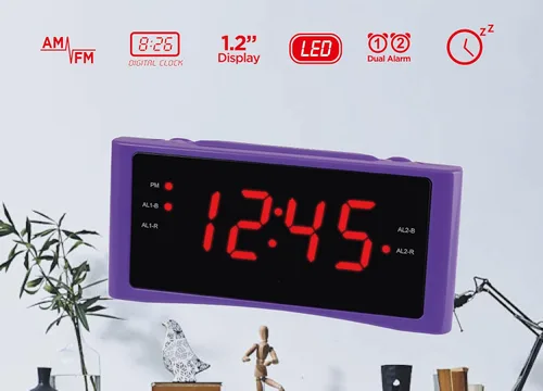 Miniatura 3 de HANNLOMAX Radio despertador HX-151CR, radio PLL AM/FM, alarma dual, pantalla LED roja de 1.2 pulgadas, solo operación de CA. (morado)