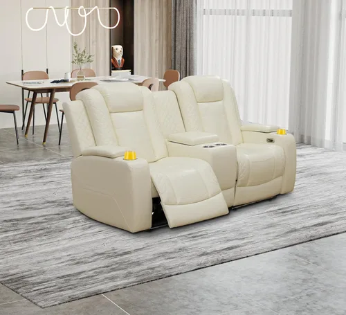 Miniatura 18 de Juego de 3 piezas para sala de estar, sofá reclinable eléctrico de cuero con puertos USB, iluminación LED y portavasos, asientos de cine en casa