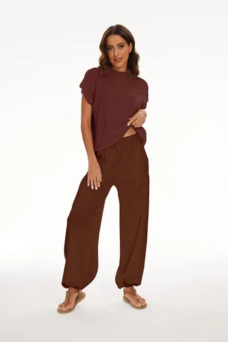 Miniatura 4 de SAFRISIOR Conjunto de suéter de dos piezas para mujer, sin mangas, suéter de punto y pantalones de cintura alta