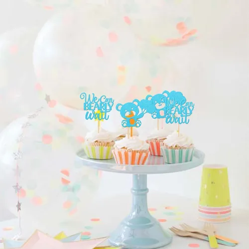 Miniatura 5 de 24 PIEZAS Oso de Peluche con Texto "We Can Bearly Wait" Adornos de Cupcake con Purpurina, Globo Oso para Revelación de Género, Adornos de Baby