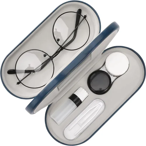 MoKo Estuche Doble para Gafas, Estuche para Lentes de Contacto con Pinzas Removedoras con Espejo, 2 en 1 de Doble Cara Portátil, Caja Soporte Azul