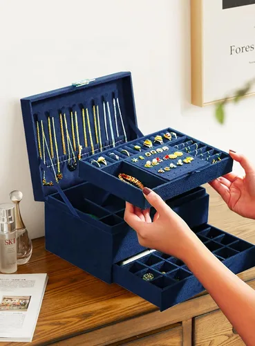 Miniatura 5 de Joyeros para mujer, organizador de joyas de terciopelo azul marino con cerradura, organizadores de joyas para adolescentes, organizador de joyas