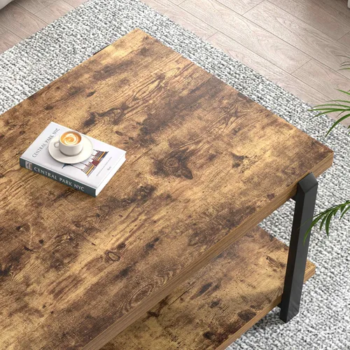 Miniatura 4 de FOLUBAN Mesa de centro moderna, mesa central de madera rústica con almacenamiento para sala de estar, rectangular industrial de 2 niveles, mesa