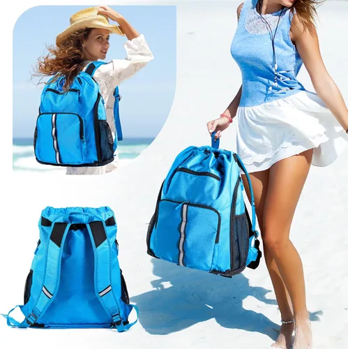 Miniatura 6 de Mochila de playa grande impermeable a prueba de arena, bolsa de piscina con cordón de gran tamaño personalizada con compartimento para zapatos