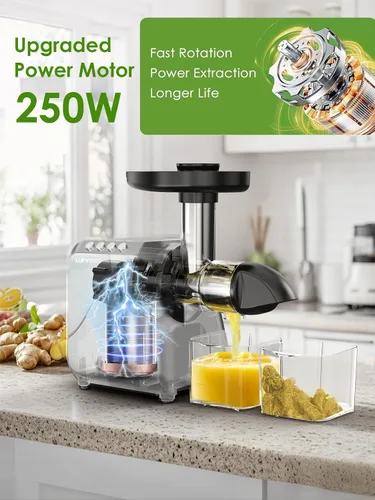 Miniatura 2 de Exprimidor de prensa en frío para naranja de apio, zanahoria, frutas y verduras, 250 W, máquina exprimidora lenta sin BPA, función inversa, fácil