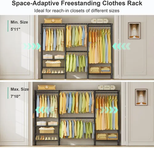 Miniatura 4 de SEMHOR E06 - Perchero extensible resistente para armario vertical, estantes de ropa independientes con estantes, sistema organizador de armario