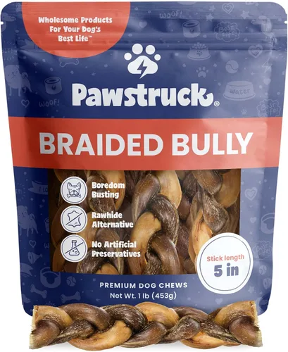 Pawstruck Bully Sticks trenzados 100% naturales de 5 pulgadas, bolsa de 1 libra, masticables para perros de un solo ingrediente sin cuero crudo de