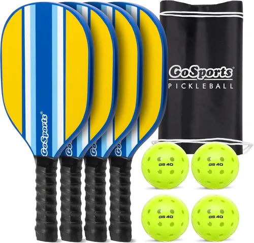 GoSports Juego de Pickleball - Clásico, Retro, Azul Acero, o Amarillo - Incluye 4 Palas, 4 Pickleballs de Regulación y Estuche de Transporte | 4