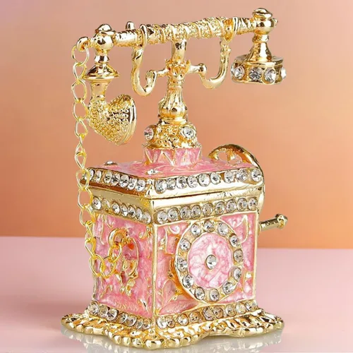Miniatura 6 de SEVENBEES Figuras de teléfono turquesa, caja esmaltada con bisagras con cristales rosados, joyeros decorativos, coleccionables, regalos para niñas