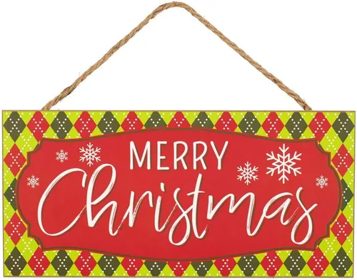 Letrero de Feliz Navidad de color verde lima rojo – 12.5 x 6 pulgadas, decoración de madera para el hogar, copos de nieve, decoración de árbol,