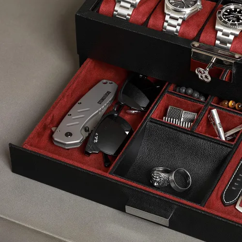 Miniatura 36 de ROTHWELL Caja de reloj de cuero de 10 ranuras con cajón de valet, organizador de exhibición de lujo con forro de microgamuza ultrasuave, soporte
