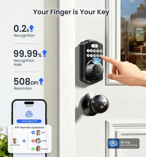 Miniatura 12 de Veise VE012W-K - Cerradura inteligente de huellas dactilares WiFi integrada con 2 perillas, no necesita concentrador, control remoto por aplicación