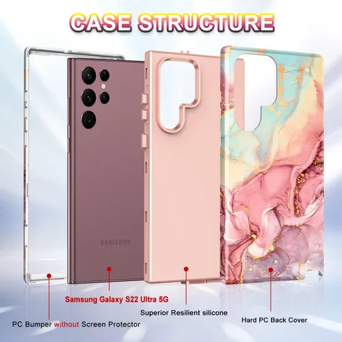 Miniatura 3 de Btscase Funda para Samsung Galaxy S22 Ultra 5G, patrón de mármol 3 en 1, resistente a prueba de golpes, cuerpo completo, policarbonato duro