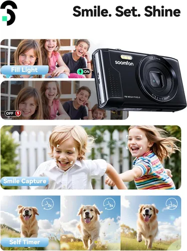 Miniatura 5 de SOOMFON Cámara digital – Máx. 72MP y 4K apunta y disparar cámaras para niños con zoom de 16X, tarjeta TF de 32 G, 2 baterías y lector de tarjetas