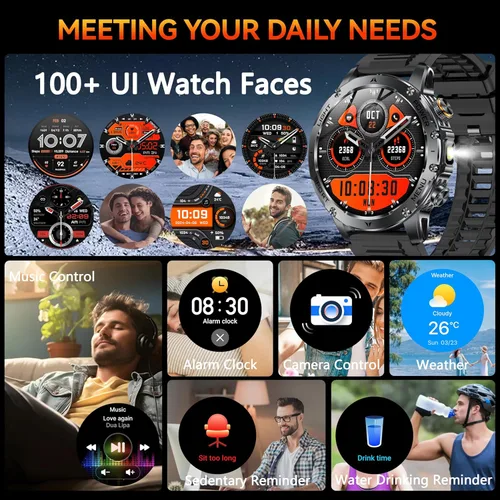 Miniatura 8 de KPEP Military Smart Watches for Men with 2 Straps, 1000mAh Battery/LED Flashlight/IP67 Waterproof Smartwatch, Stress/Blood Oxygen/Heart Rate/Sleep