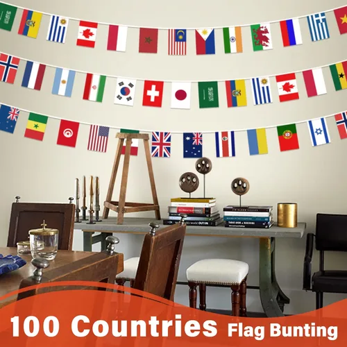 Miniatura 6 de Bandera de cuerda de 100 países, bandera internacional de 82 pies, decoración de bandera mundial para fiesta de la Copa del Mundo, escuela, eventos