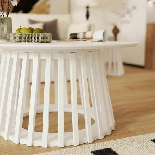 Miniatura 3 de DUOMAY Moderna mesa de centro redonda de madera maciza con base geométrica, mesa central de madera resistente para sala de estar, salón, oficina