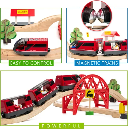 Miniatura 4 de Kipipol - Juego de tren de locomotora de acción operado por batería para pistas de madera, (magnético) - Compatible con juguetes de Thomas The Rojo