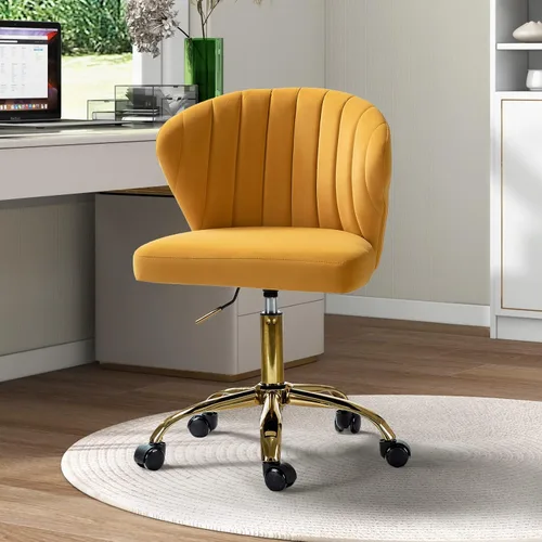Miniatura 11 de TINA'S HOME Sillas de escritorio de oficina con ruedas y base dorada, moderna silla de oficina sin brazos de terciopelo, silla giratoria ajustable