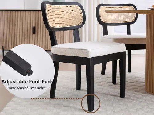 Miniatura 6 de Juego de 4 sillas de comedor de ratán de granja, sillas modernas de madera para cocina y comedor con respaldo de caña, cómodo asiento tapizado