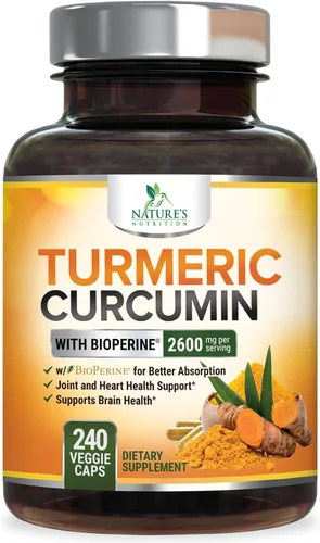 Suplemento de curcumina de cúrcuma de 2600 mg – 95% curcuminoides con cúrcuma orgánica y extracto de pimienta negra BioPerine para una mejor