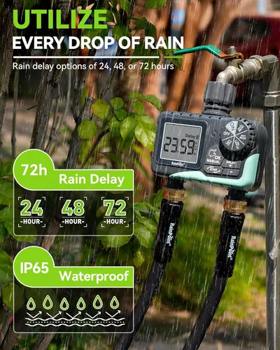 Miniatura 6 de RAINPOINT Temporizador de agua para manguera de jardín, temporizador de rociador de 2 zonas con retardo de lluvia, riego manual, riego automático