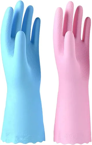 Paquete de 2 guantes de limpieza reutilizables sin látex, guantes para lavar platos con forro de algodón y palma en relieve, guantes impermeables