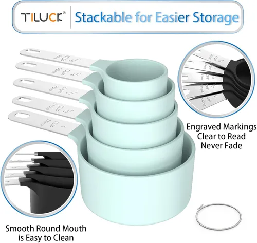 Miniatura 4 de Juego de tazas y cucharas medidoras TILUCK, tazas y cucharas apilables, tazas medidoras anidables con mango de acero inoxidable, accesorios de Verde