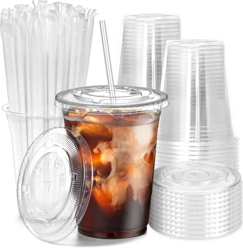 Miniatura 11 de Fit Meal Prep Paquete de 100 tazas de plástico para café helado de 32 onzas con tapas planas y pajitas transparentes, vasos transparentes