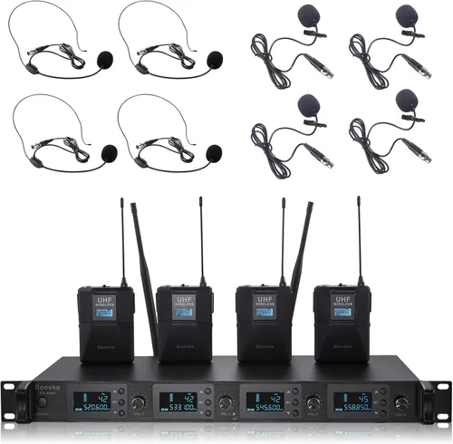 Sistema de micrófono inalámbrico de 4 canales UHF 4 micrófonos Lavalier de solapa y diadema para karaoke, iglesia, conferencias, reuniones, fiestas,