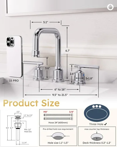 Miniatura 7 de WOWOW - Grifo de baño de diseño estándar de 8 pulgadas, 3 piezas para lavabo, llave mezcladora giratoria en 360 grados, acabado cromado, moderno