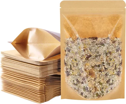 100 PCS Bolsas Verticales, Bolsas de Papel Kraft de 7 x 10 pulgadas para Alimentos con Ventana Transparente, Bolsas Reutilizables con Cremallera