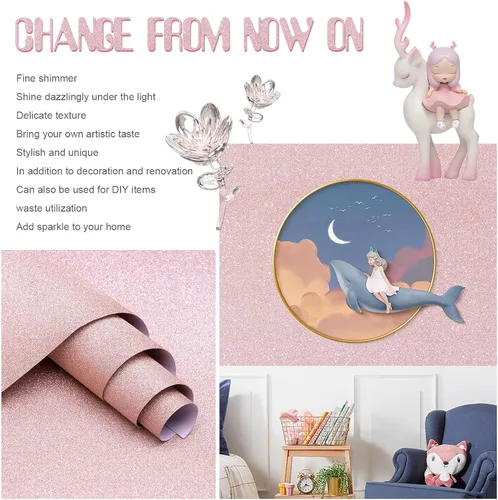 Miniatura 3 de Amiya Papel adhesivo de vinilo con purpurina rosa de 17.3 x 120 pulgadas, autoadhesivo, para pegar y despegar, papel tapiz decorativo brillante